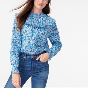 J Crew Liberty Elysian Day Blue Printed Ruffled Yoke Blouse Size XS